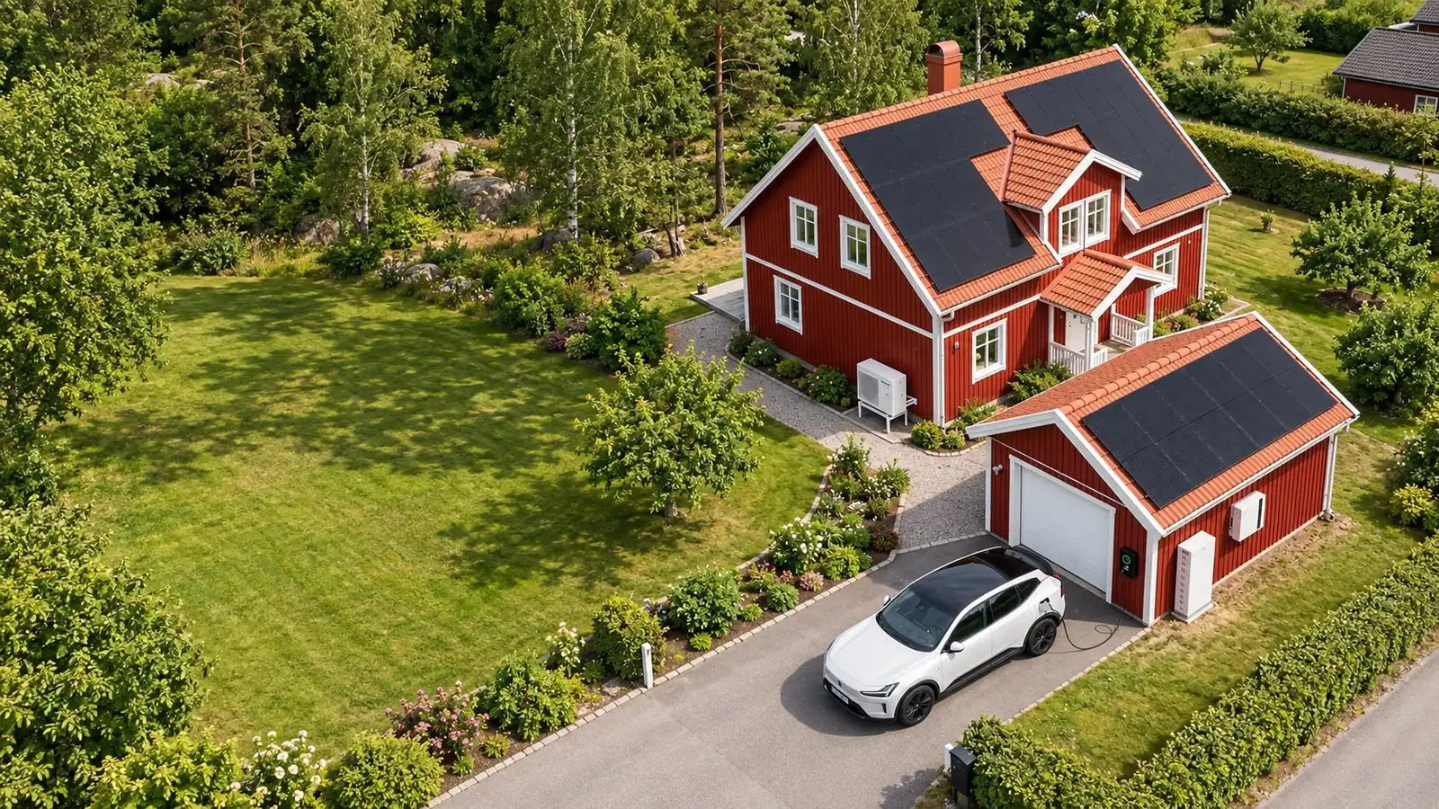 Solpaneler på ett rödmålat svenskt hus
